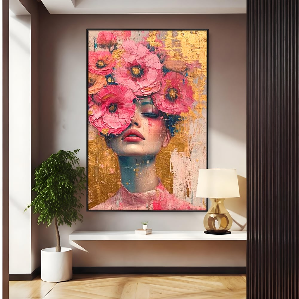 Tablou canvas cu tablou canvas cu portret de femeie si flori roz, in rama de aluminiu negru